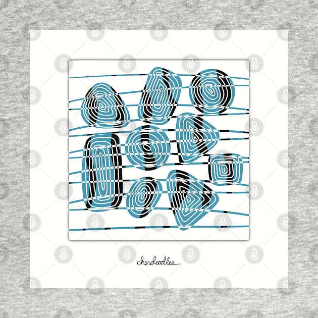 Lines and Swirls Making Visual Music, Black, Blue and White Illustration by cherdoodles